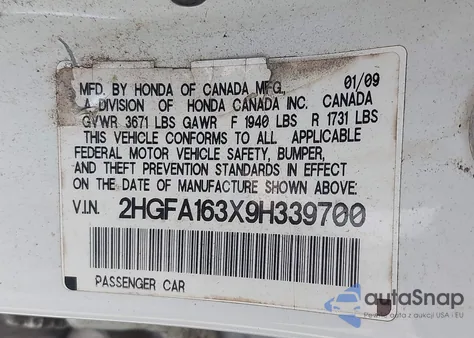 2009 Honda Civic Vp from USA, damaged, VIN 2HGFA163X9H339700